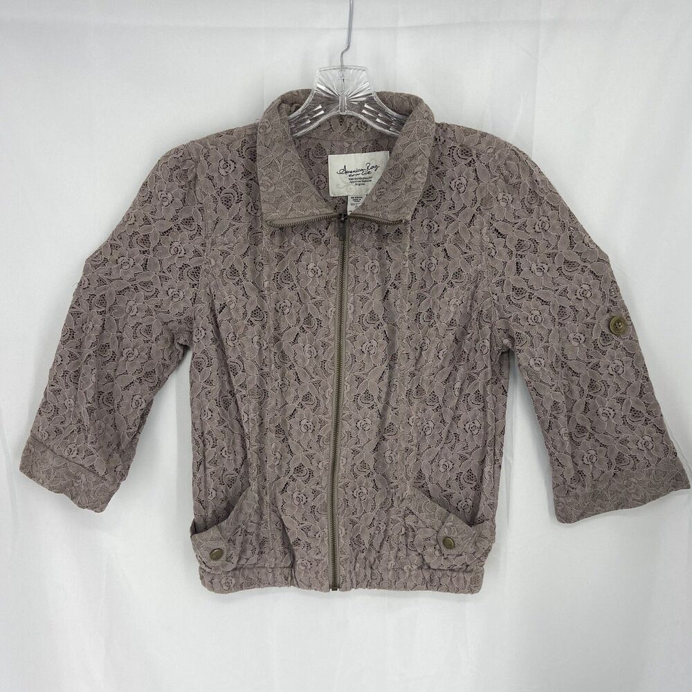 American Rag Womens Brown Lace Bomber Zip Up Jacket Size Small Roll Tab Sleeves